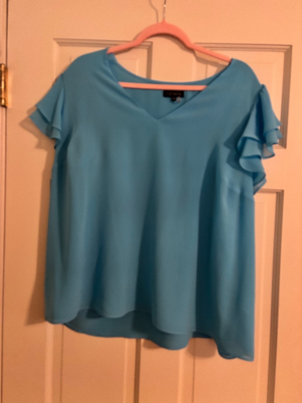 1 State Ruffle Short Sleeve Blue Blouse 1X
